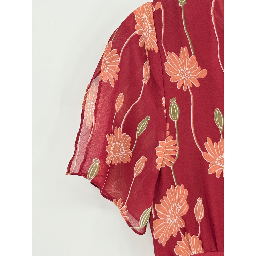 Madewell‎ Floral Poppy Maxi Dress Women 4 Red Flutter Sleeve Boho V-Neck Lined - Picture 6 of 12